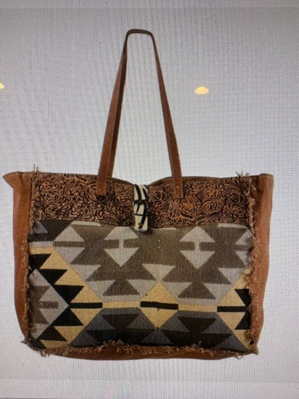 KB OHLAY Genuine Leather Wool Canvas Western Tote Bag NWT